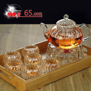 玻璃茶壶 家用高硼硅手工耐热玻璃茶具 南瓜壶 条纹壶+条纹杯套装