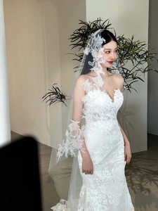 新娘结婚复古蕾丝头纱长款拖尾婚纱摄影拍照高级感造型跟妆样片硬