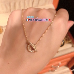 hermes/ 爱马仕 18k玫瑰金白金 小q满钻 猪鼻子项链 锁骨链女
