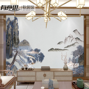 高端山水独绣墙布刺绣无缝客厅卧室电视背景墙壁布新中式独秀壁画