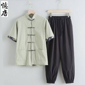 中国风夏季薄款唐装男青年短袖套装中式衬衫复古休闲宽松茶禅汉服