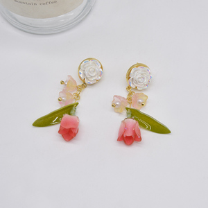 粉色玫瑰花朵耳环女温柔超仙气简约银针耳钉女法式复古风耳坠耳饰