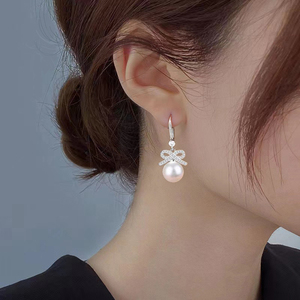 s925纯银天然玛瑙珍珠耳环韩版蝴蝶结耳坠防过敏2022年新款耳饰品