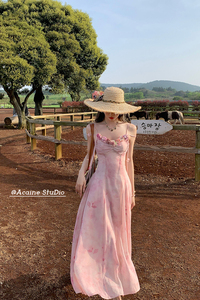 Acaine粉色花朵长款v领收腰吊带a字连衣裙女夏季法式小众气质裙子