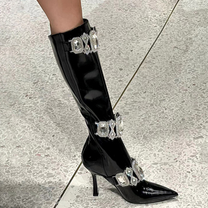 钻石镂空黑色法式高跟高筒靴2022春秋季御姐气质尖头小众百搭细跟