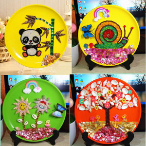 儿童创意手工盘子画天然贝壳海螺圆盘贝壳粘贴画益智diy制作玩具