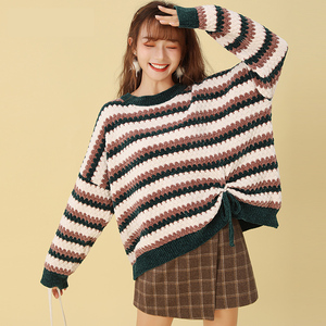 新秋冬条纹圆领大码丝绒茧型雪尼尔粗毛衣女加厚慵懒风外穿针织衫