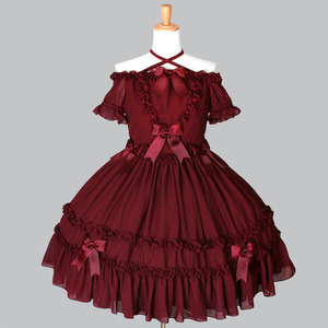 酒红lolita哥特式一字领抹胸雪纺短袖连体短裙 公主宫廷洋装 定制