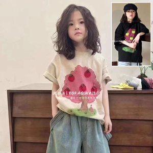 波拉亲亲子BORAQIN韩版童装2024夏季儿童立体果树纯色宽松短袖T恤