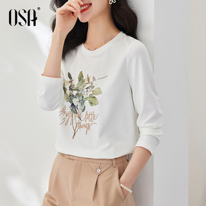 osa欧莎官方旗舰店官网正品米妮白色印花长袖打底小衫t恤女早春装