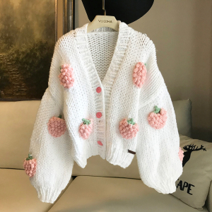 棒针粗线纯手工钩织立体草莓宽松毛衣外套甜美灯笼袖纽扣钩花开衫