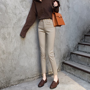 米色加绒牛仔裤女冬季高腰小脚九分显瘦卷边时尚洋气显高紧身女裤