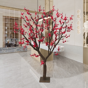 仿真梅花树红梅树新年树仿真红梅客厅酒店装饰摆设假树红梅树桩