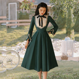 苏浅慕颜春装新款连衣裙欧式宫廷少女复古收腰显瘦洋装高腰中长裙