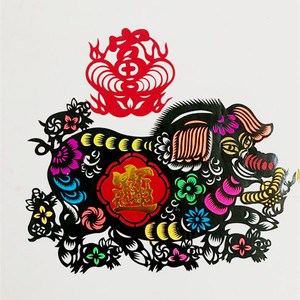 天津福字子母猪黑色金色彩色剪纸窗花一对肥猪拱门楼房门贴玻璃贴