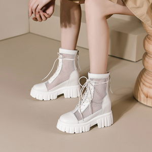 白色马丁靴夏季薄款女镂空网纱厚底内增高小个子靴子透气显瘦百搭