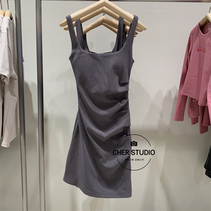 UR&BM高腰背心裙2024夏季新款女装氛围感修身褶皱方领吊带连衣裙