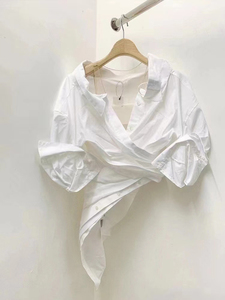 韩国东大门春季新款白色不规则衬衣上衣褶皱修身露肩法式衬衫女潮
