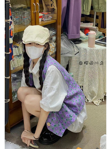 樱田川岛夏季设计感碎花马甲白色衬衫高腰短裤女小洋装套装小个子