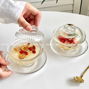 高端精致燕窝碗带盖银耳小炖盅水晶玻璃糖水碗加厚款透明甜汤碗碟