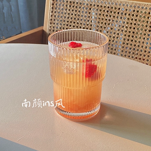 日式ins竖条纹玻璃杯柠檬茶杯气泡水杯耐热饮料水杯水果茶杯450ML