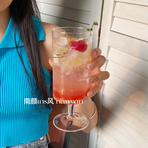 韩国ins风网红咖啡厅冰淇淋高脚杯条纹玻璃杯奶茶店果汁杯饮料杯