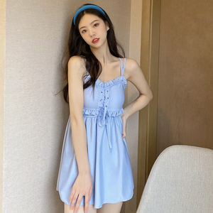 连体裙式泳衣女前胸绑带单独平角裤学生少女软妹泡温泉小清新蓝