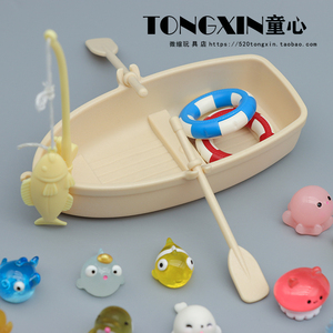 迷你仿真动物模型海洋钓鱼海豹海豚微缩公仔可爱小船过家家玩具