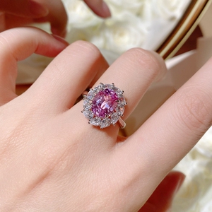 帕帕拉恰戒指女小众设计高级感3克拉粉钻大钻戒纯银围镶鸽子蛋形