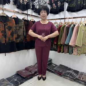 中老年妈妈新中式国风洋气套装女圆领50岁妇女铜氨丝奶奶两件套夏