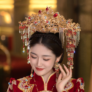 新娘中式金红色凤冠霞帔大气流苏古典古装结婚发饰秀禾服头饰套装