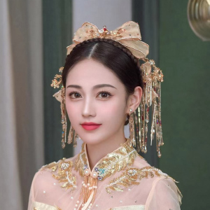 风唯美公主古典香槟色蝴蝶结头饰品水晶流苏新娘秀禾古装8人付款318