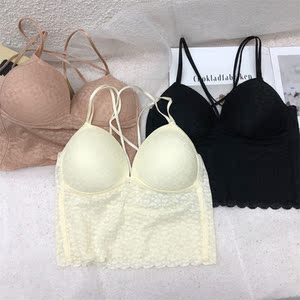 蕾丝吊带双细肩带交叉美背裹胸内搭防走光打底抹胸固定一体杯文胸