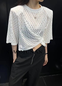 小木南 2024夏季新款镂空短袖T恤女气质轻薄透气法式温柔风上衣