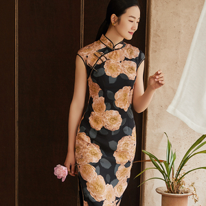 年轮新款高端定制包肩袖双层真丝旗袍日常改良优雅中式气质连衣裙