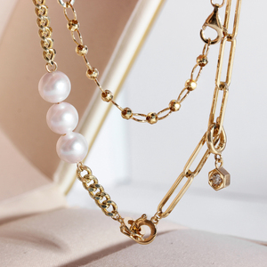 晨诺珠宝 万能链18k金古巴akoya海水珍珠万能扣项链 ab组合链可拆