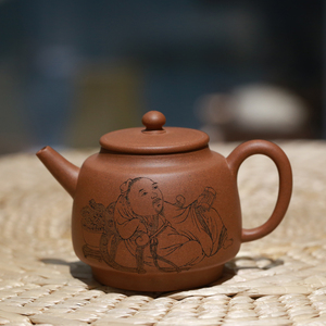 毛国强徒弟张重庆紫砂壶小品壶原矿紫砂壶全手工刻绘人物文艺壶