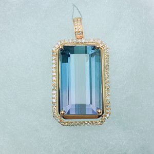 高端正品蓝紫双色碧玺吊坠18k镶钻石大克拉长方形彩色宝石项链坠