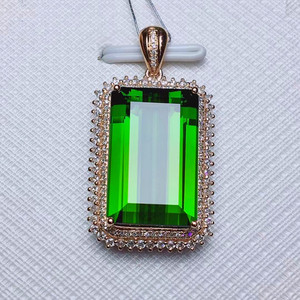高端正品电光绿碧玺吊坠18k镶钻石大克拉长方形彩色绿宝石项链坠