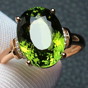 大克拉绿碧玺戒指18k玫瑰金镶嵌钻石椭圆形彩色绿宝石时尚款女戒