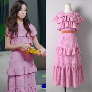 陪你一起长大颖儿林芸芸同款衣服春夏新款紫色蕾丝荷叶边连衣裙女