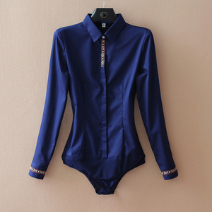 竹纤维棉蓝色绣花民族风特色连体衬衫女长袖修身显瘦气质连裆衬衣