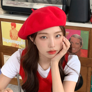 红色羊毛贝雷帽女秋冬韩版日系网红蓓蕾帽英伦法式画家帽毛呢帽子