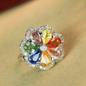 18k金天然钻石七彩蓝宝石戒指主石3.22克拉钻40分保真配证书