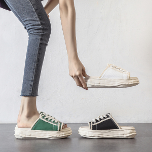 乞丐帆布半拖鞋女夏外穿2022新款时尚仙女休闲溶解厚底一字凉拖鞋