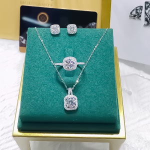 3 pieces jewelry set微镶方形吊坠首饰套装项链耳钉戒指3件套