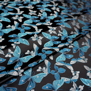 黑色底湖蓝色缎面飞舞小蝴蝶秀气花枝织锦缎布料 古香丝绸面料