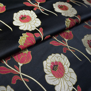 黑底色净版优雅花枝织锦缎布料传统提花丝绸缎子面料旗袍手工古装