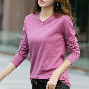 竹节棉t恤女 纯棉长袖打底衫宽松纯色全棉上衣韩版春秋季女装体恤