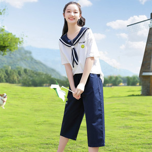 初中生夏装套装女12大童15岁少女孩学院风海军领休闲七分裤jk校服